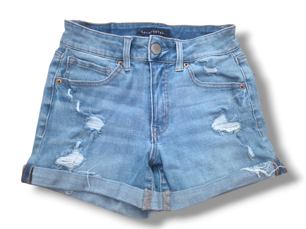 Aeropostale Flex Effects High Waisted Denim Midi Shorts Size 2 Light Wash